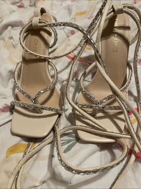 Chase + Chloe Cream Strappy Crystal Lace-Up Heels